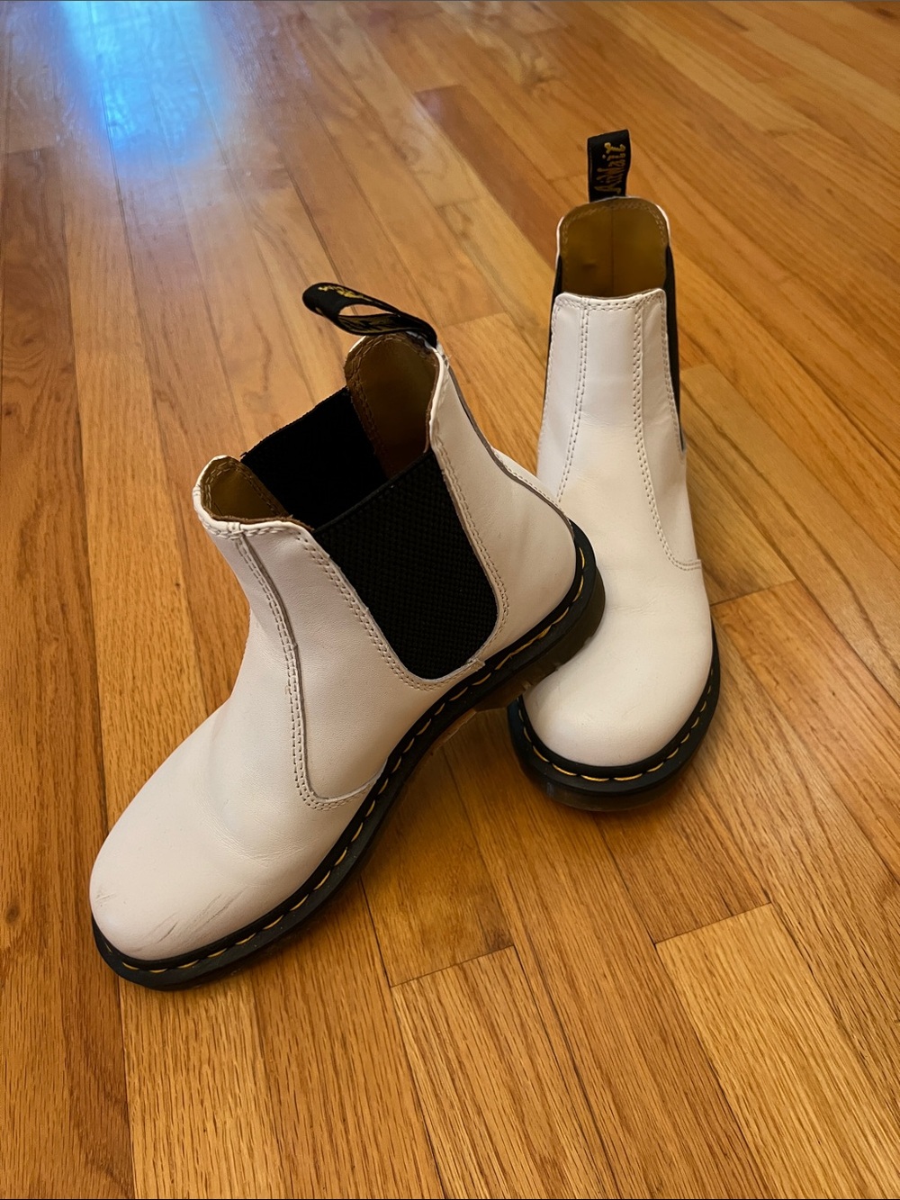 Dr. Martens White Leather Chelsea Boots with Black Elastic and Yellow Stitching